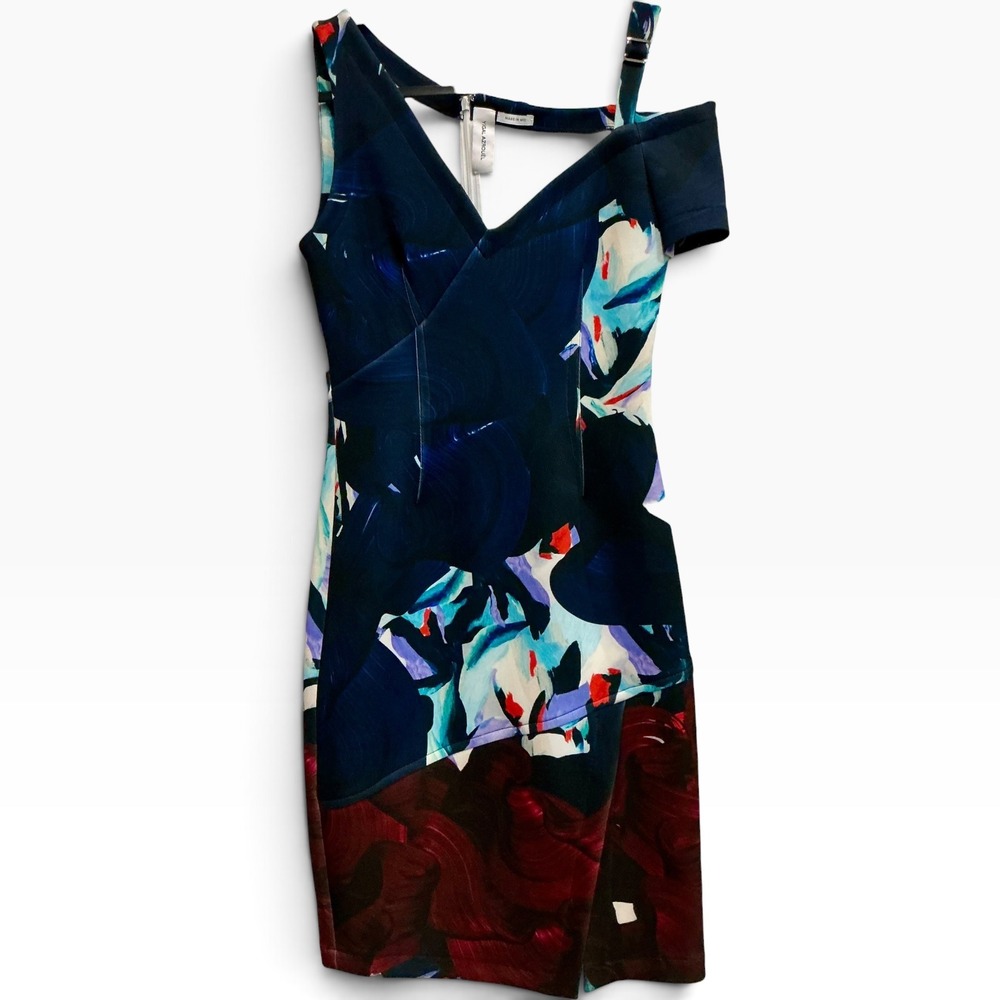 Yigal Azrouel Floral Scuba Off Shoulder Sculpted Midi Dress Navy Burgundy Size 6